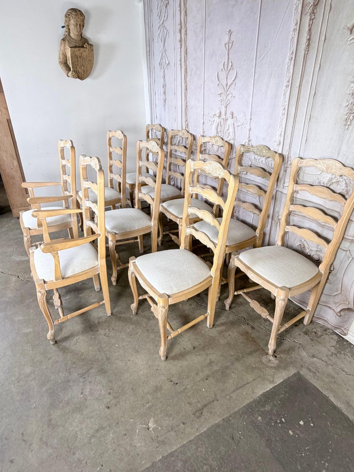 Set of 10 19th Century French Provincial Bleached Oak Ladderback Dining Chairs