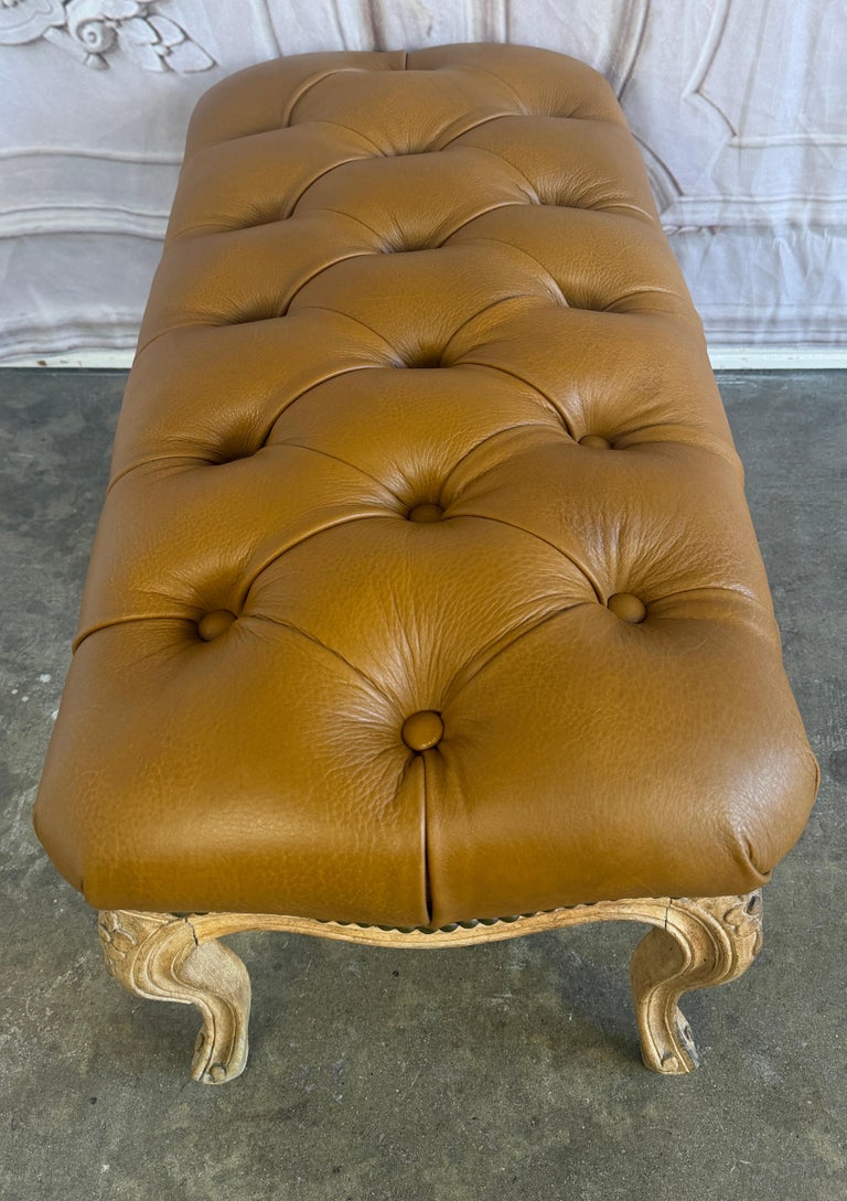 French Louis XV Style Tufted Bench - Caramel Leather