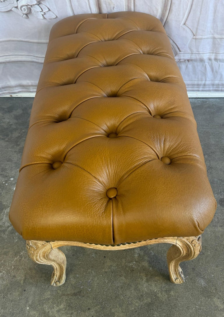 French Louis XV Style Tufted Bench - Caramel Leather