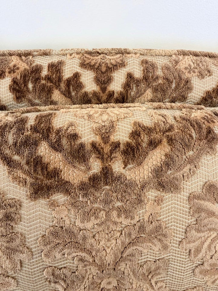 Pair of Cut Velvet Lumbar Pillows, Taupe-Brown Damask, Antique Style