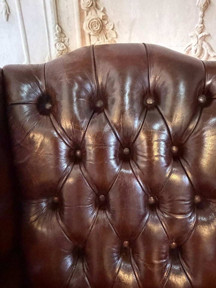Pair of Vintage English Tufted Leather Wingback Armchairs