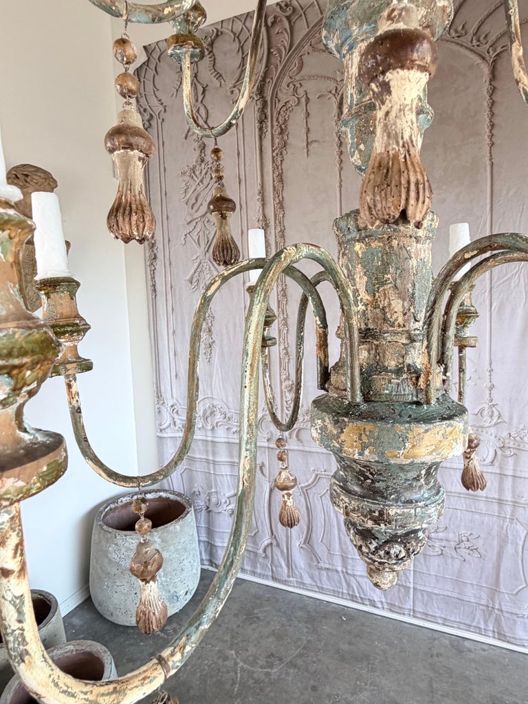 Mediteranean Style Italian Painted & Parcel Gilt Wood 12-Light Chandelier