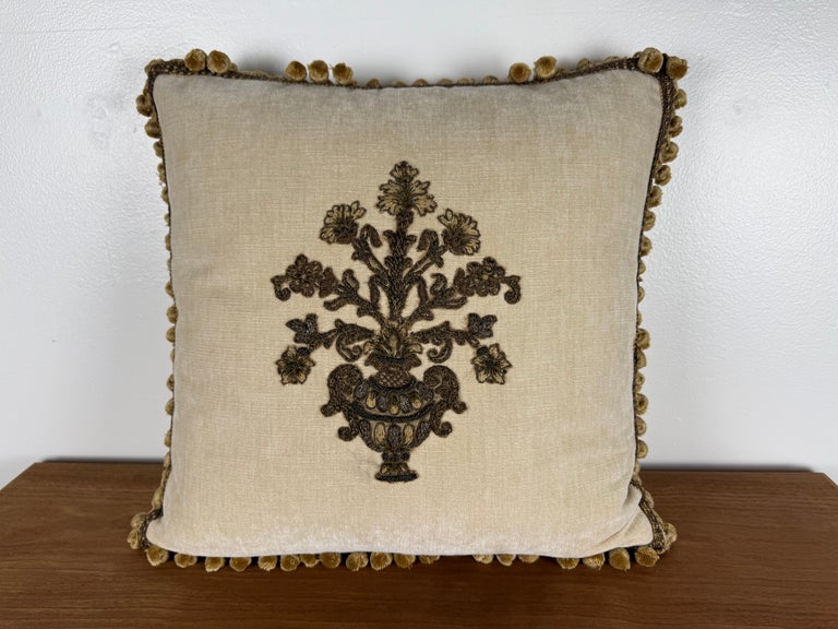 Pair of Custom Velvet Pillows with 19th-Century French Metallic Appliqués