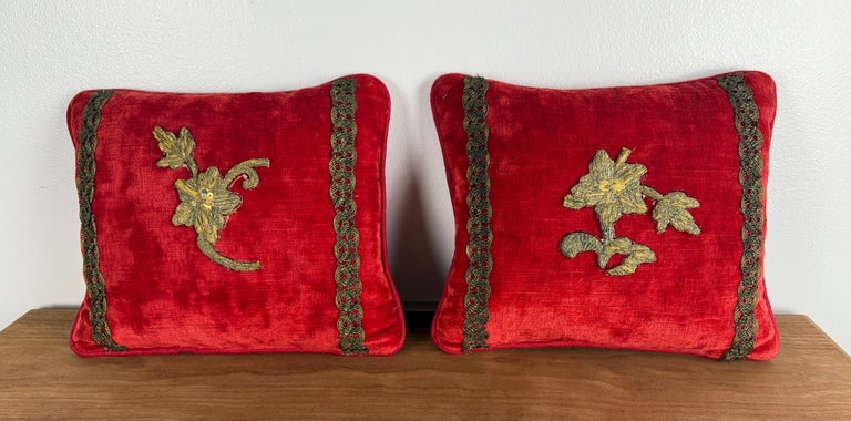 Pair of Petite Red Velvet Pillows with 19th-Century Metallic Appliqués