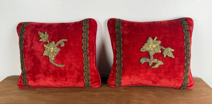 Pair of Petite Red Velvet Pillows with 19th-Century Metallic Appliqués