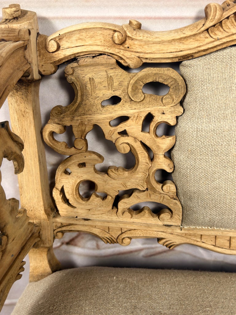 Antique Venetian Rococo Pierced Bench Settee- Hand Carved Bleached Walnut