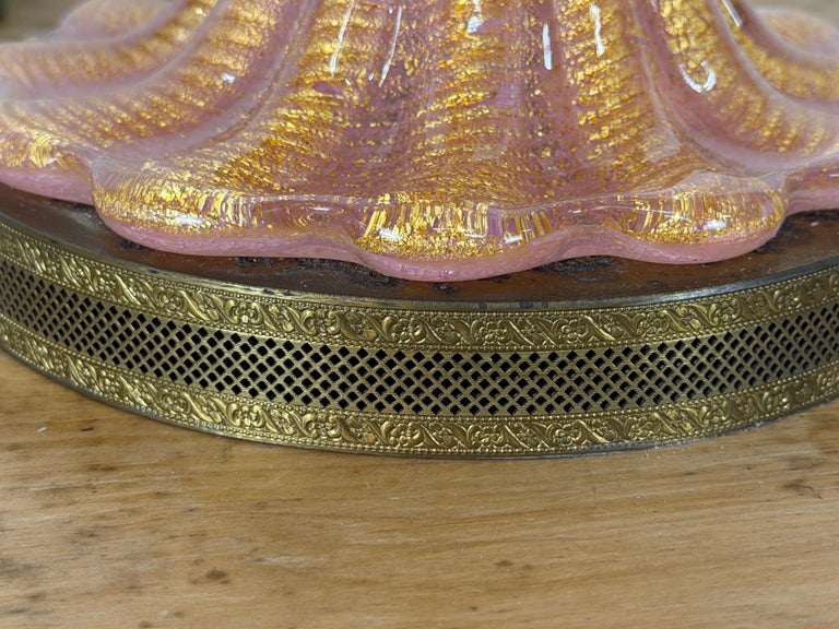 Pair of Murano Pink and Gold Glass Table Lamps w/ Coordinating Parchment Shades