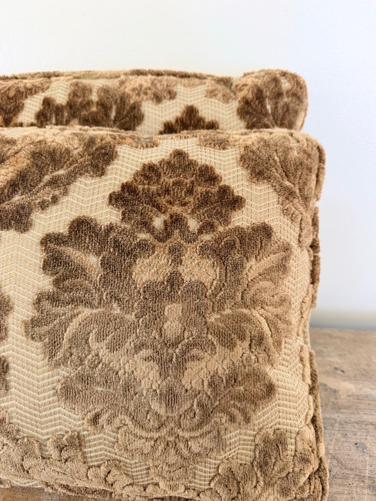 Pair of Cut Velvet Lumbar Pillows, Taupe-Brown Damask, Antique Style