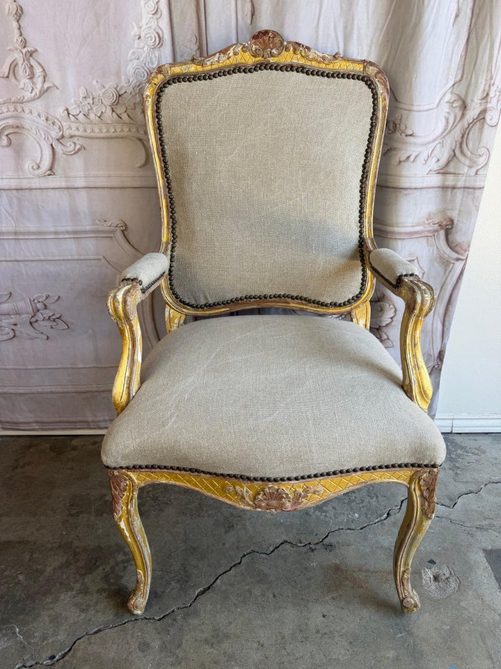 Set of 14 French Louis XV Style Distressed Dining Chairs with Linen Upholstery