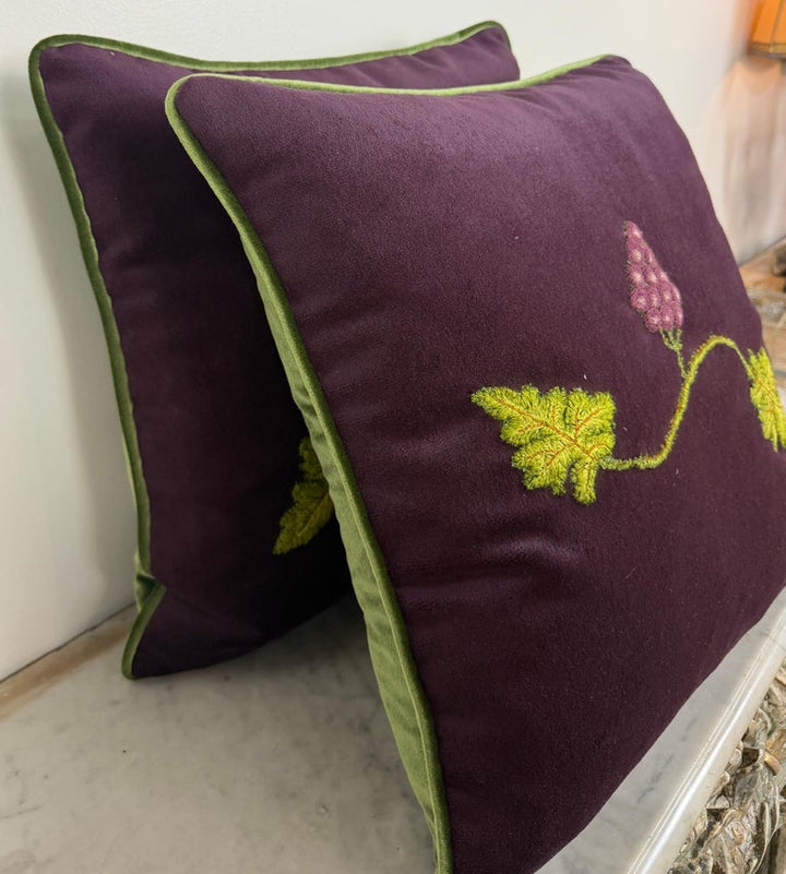 Pair of Aubergine Velvet Pillows - Antique Hand-Embroidered Grape Vine Applique