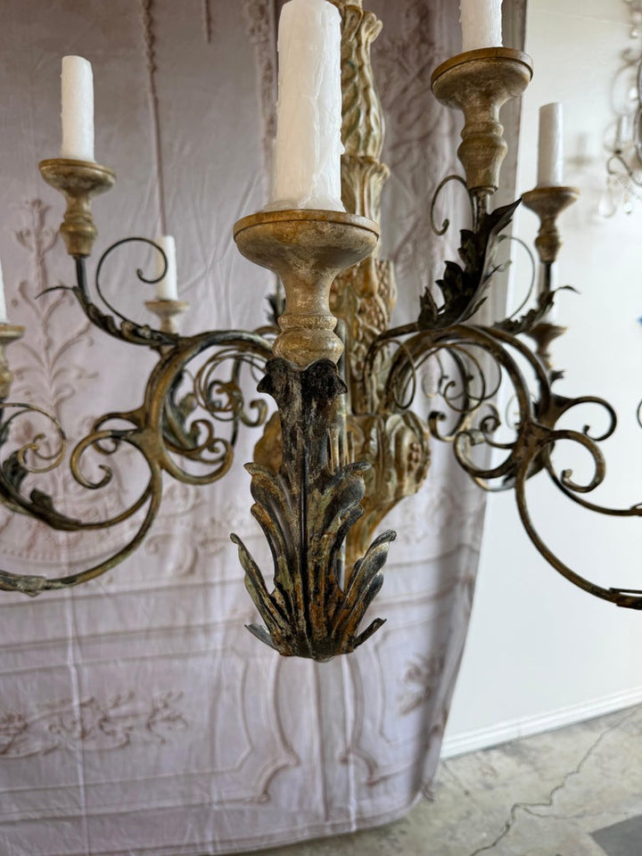 Monumental Italian Rococo Painted Wood & Wrought Iron 12-Light Chandelier