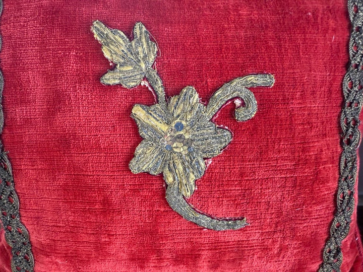 Pair of Petite Red Velvet Pillows with 19th-Century Metallic Appliqués