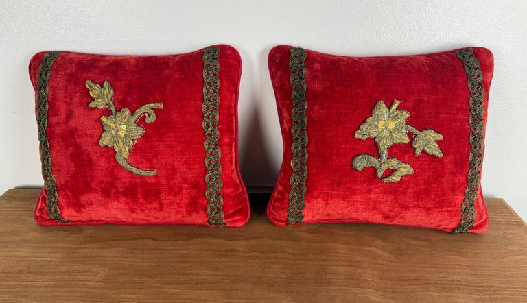 Pair of Petite Red Velvet Pillows with 19th-Century Metallic Appliqués