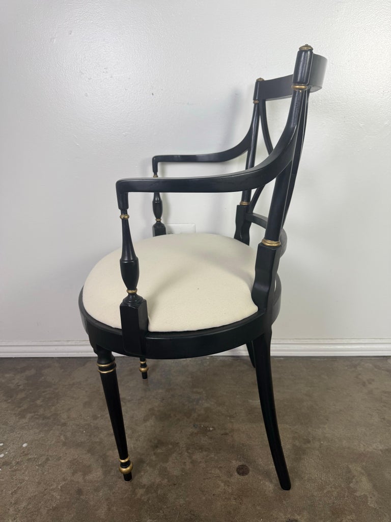 Set of Twelve Regency-Style Ebonized Dining Chairs with Linen Seats