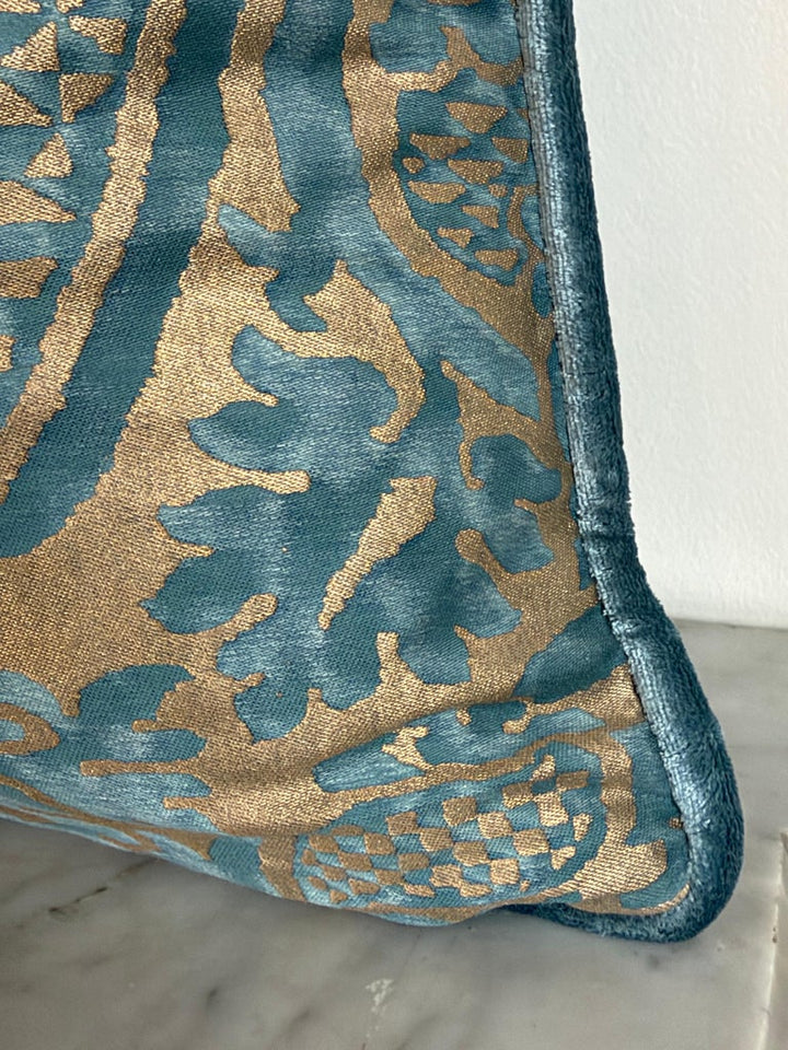 Authentic Fortuny Aquamarine Velvet &amp; Gold Pillows, Italy, 21st Century