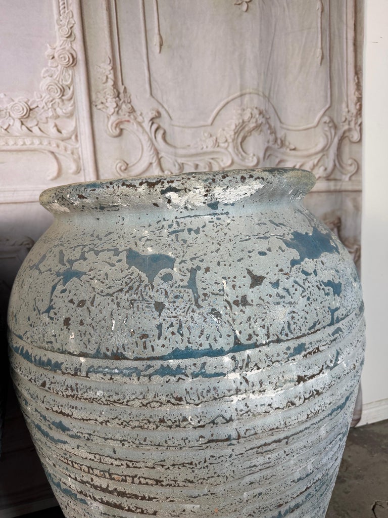 Pair of Antique Weathered Terracotta Garden Urns with Blue Patina