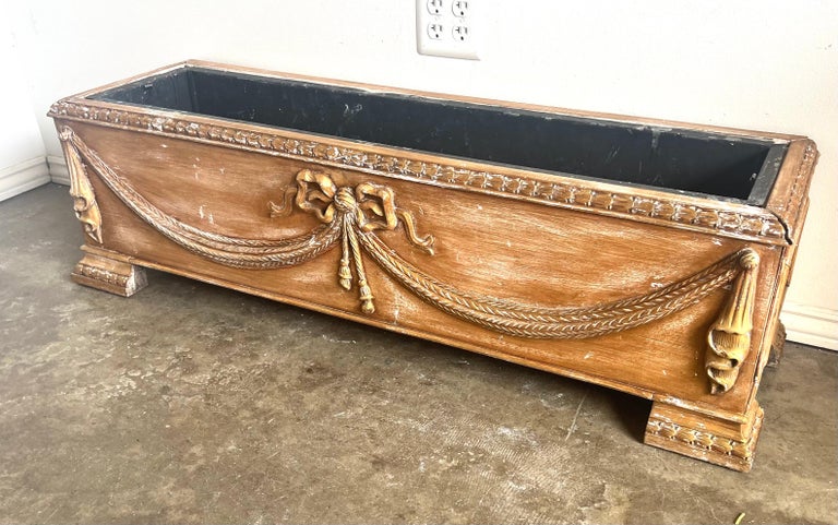 French Rectangular Shaped Carved Wood Planter w/ Liner