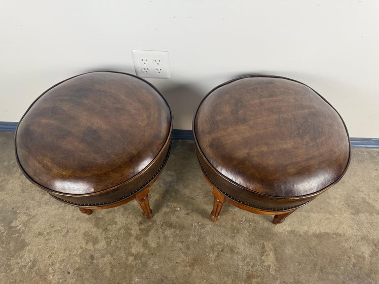 Pair of Louis XVI–Style Swivel Stools in Patinated Leather, Mid-20th Century