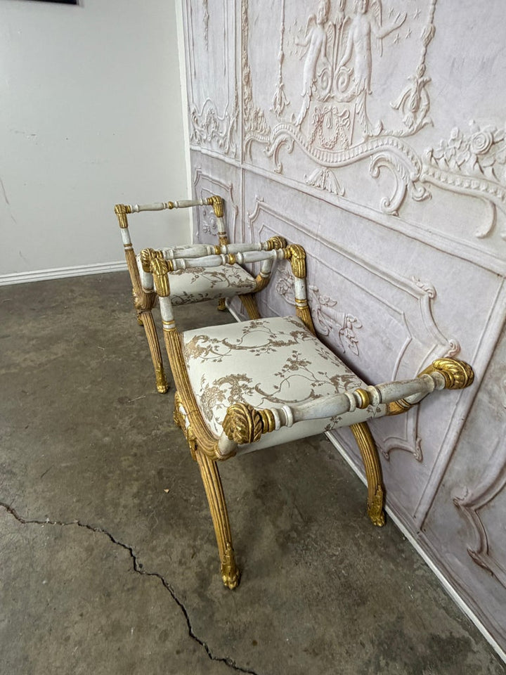 Pair of Italian Neoclassical Curule Stools w/ Fortuny Upholstery
