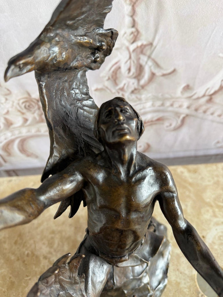 Monumental Bronze Sculpture of Native Warrior and Eagles, Dynamic Art