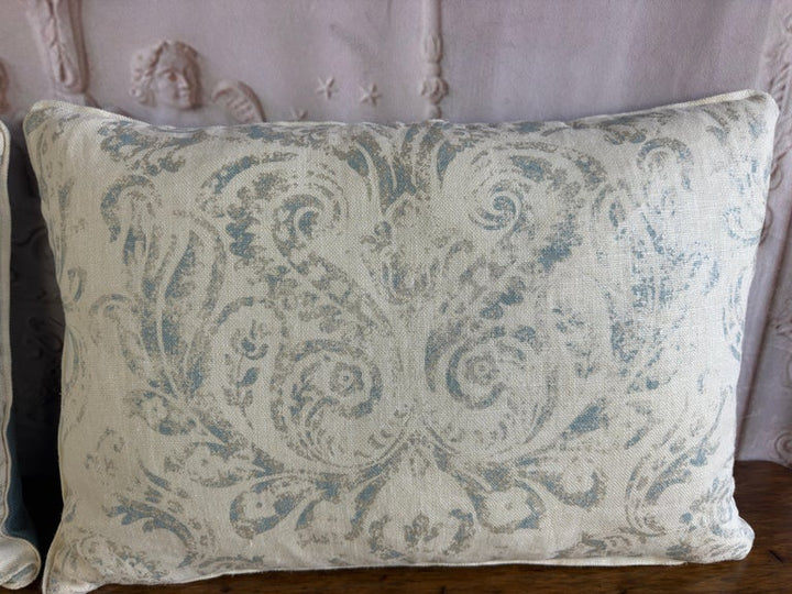 Pair of Custom Printed Linen Lumbar Pillows in Faded Aqua Baroque Damask