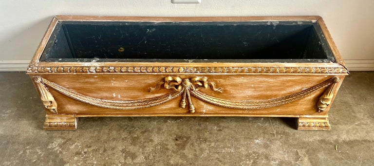 French Rectangular Shaped Carved Wood Planter w/ Liner