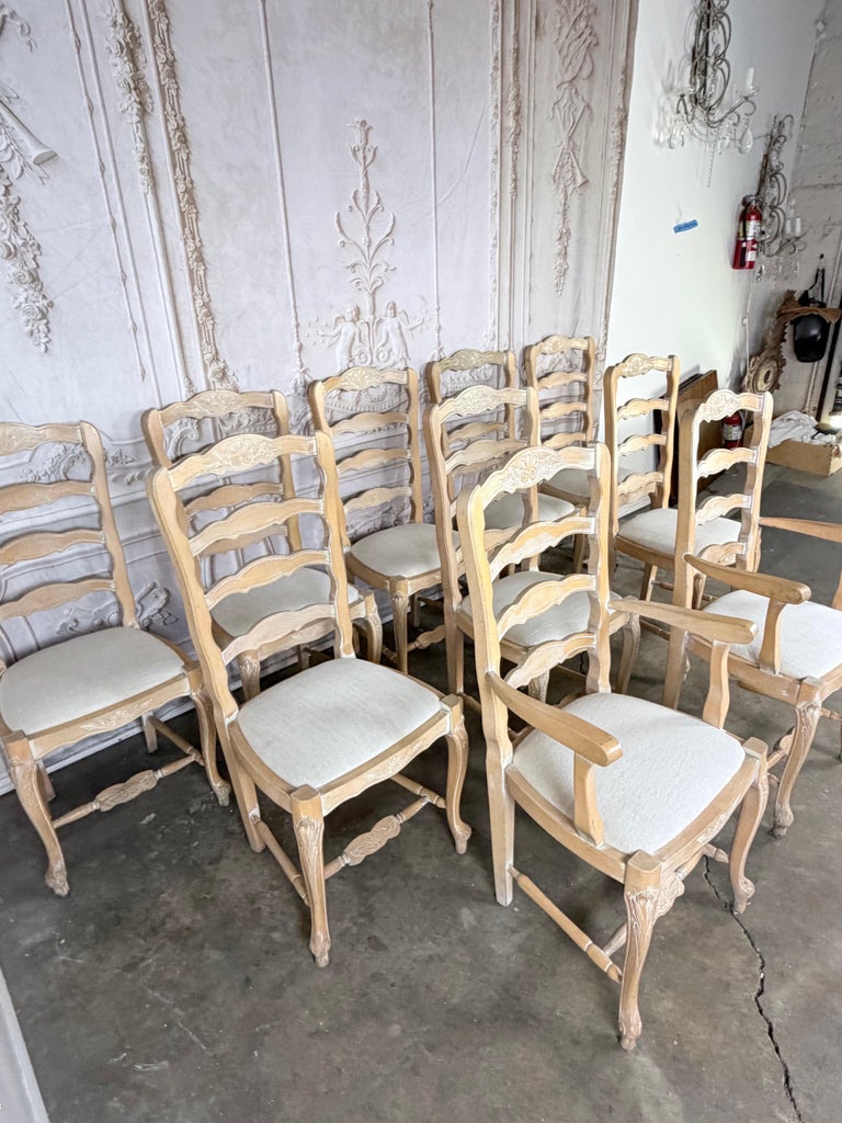 Set of 10 19th Century French Provincial Bleached Oak Ladderback Dining Chairs