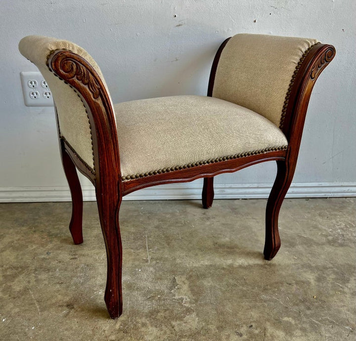 French Linen Upholstered Bench C. 1940's