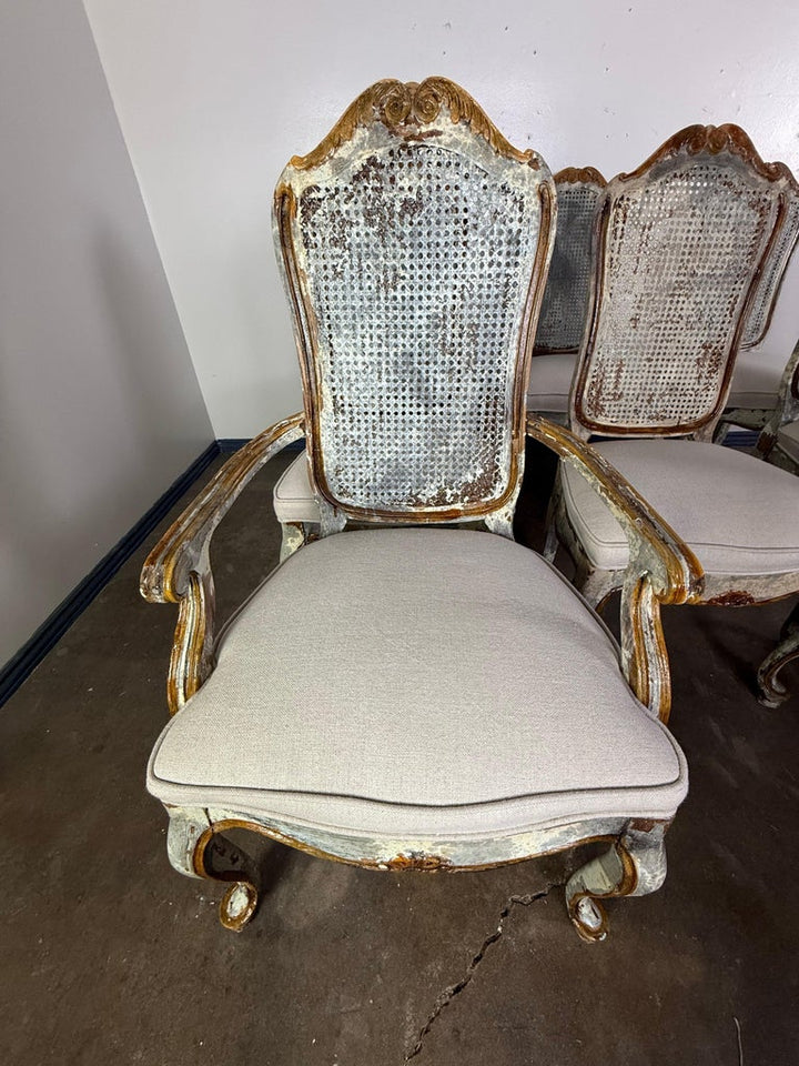 Set of 8 Distressed French Louis XV Style Dining Chairs with Cane Backs