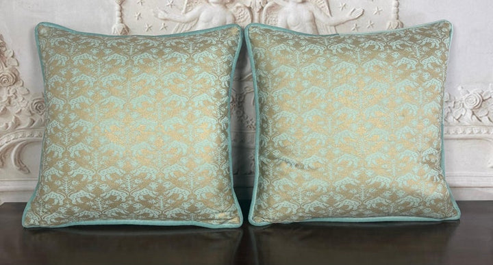 Custom Fortuny Decorative Pillows in Gilt Gold &amp; Aquamarine, Italy