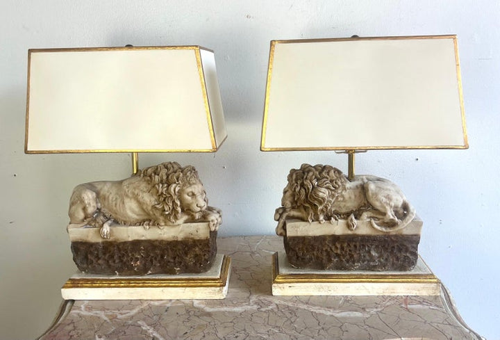 Pair of Italian Carved Stone Lion Lamps with Parchment Shades