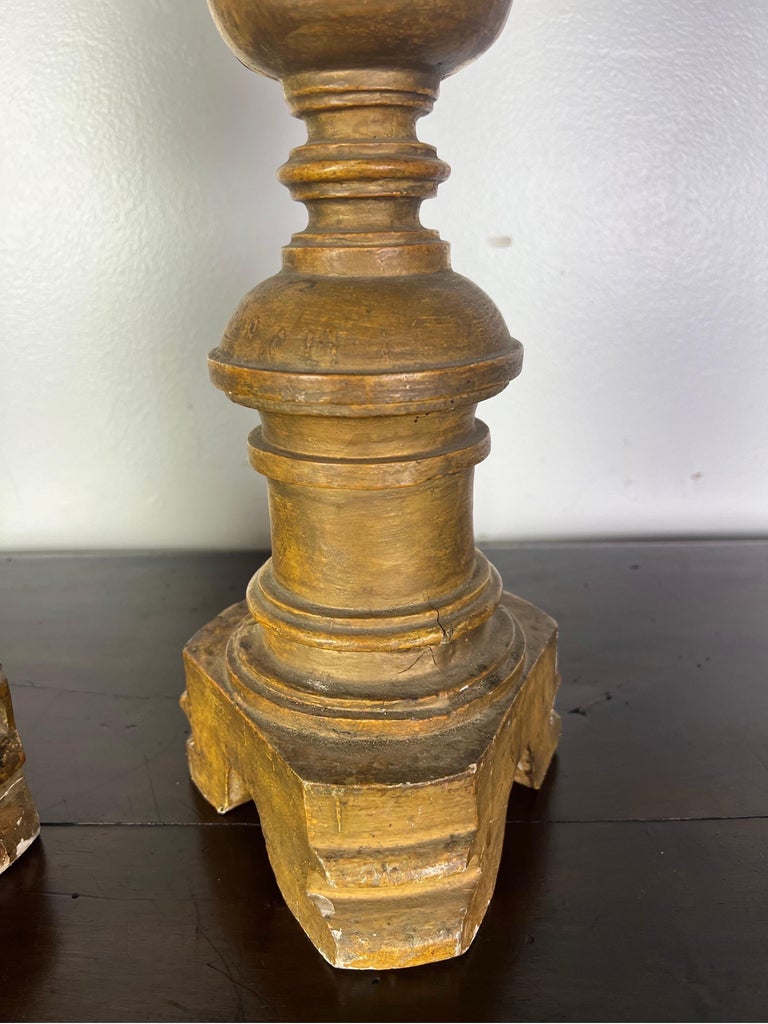 Pair of 19th-Century Italian Gilt Wood Candlesticks w/ Prickets