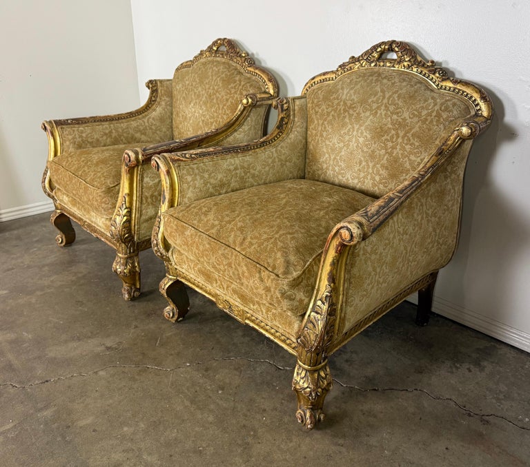 Pair of Italian Giltwood Armchairs with Damask Upholstery
