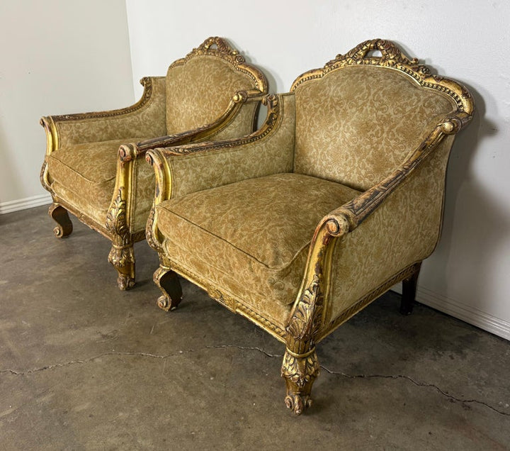 Pair of Italian Giltwood Armchairs with Damask Upholstery