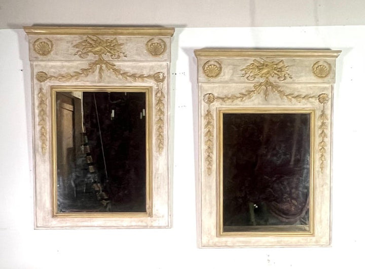 Pair of Carved Wood Painted Trumeau Mirror C. 1930