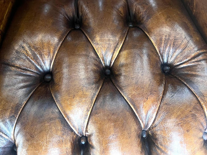 Pair of French Leather Tufted Wingback Chairs C. 1930