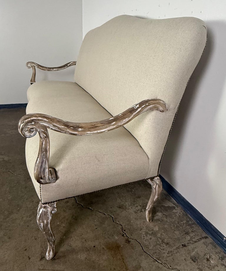 French Louis XV Style Painted Settee with New Linen Upholstery