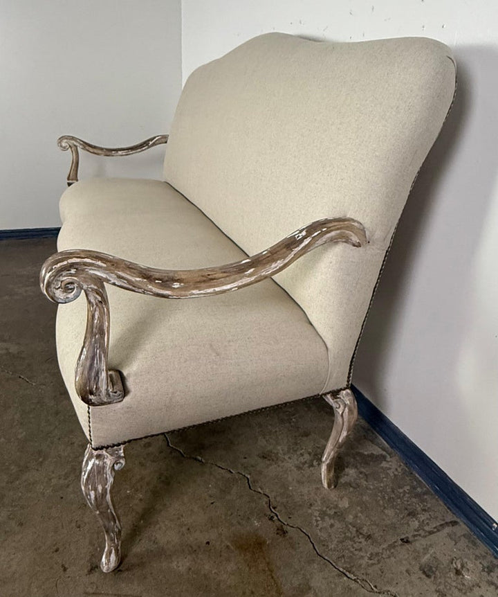 French Louis XV Style Painted Settee with New Linen Upholstery