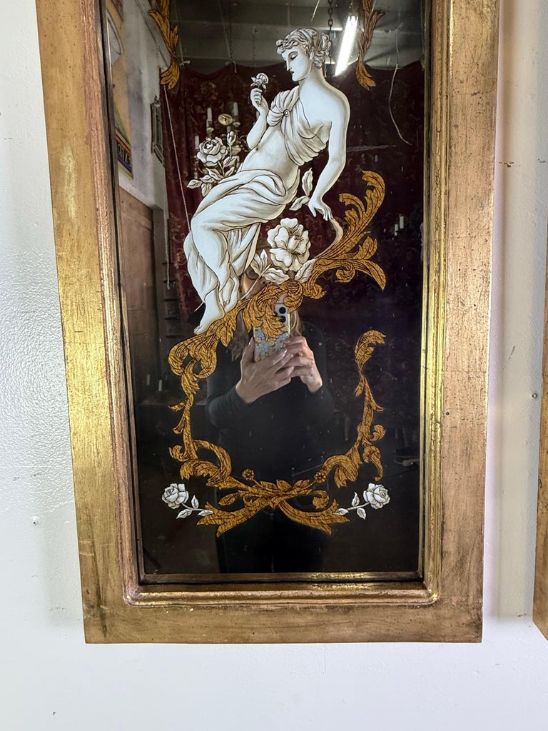 Pair of Reverse Painted Framed Mirror Panels
