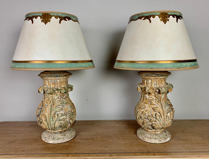 Pair of Custom Italian Acanthus Leaf Lamps. w/ Parchment  Shades