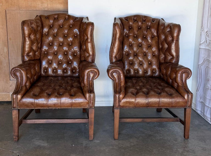 Georgian Wingback Armchairs, Leather Upholstery, Circa 1940s