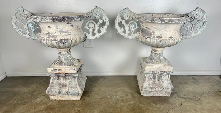 Pair of 19th C. French Cast Iron & Painted Urns