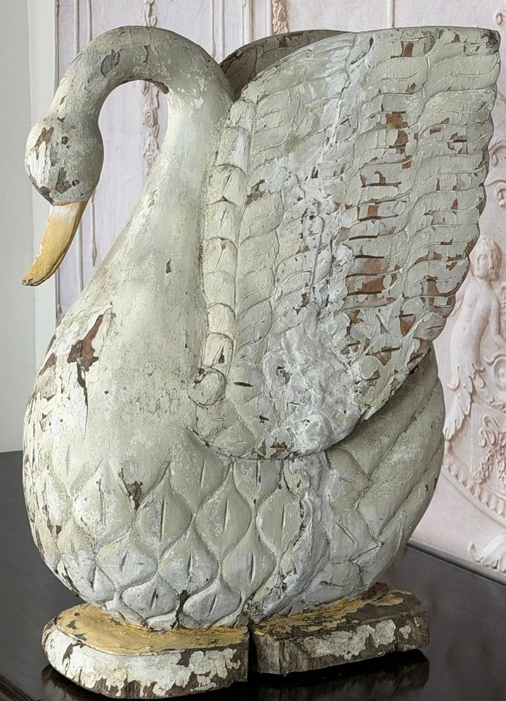Large Antique Folk Art Carved Wood Swan - Original White Patina