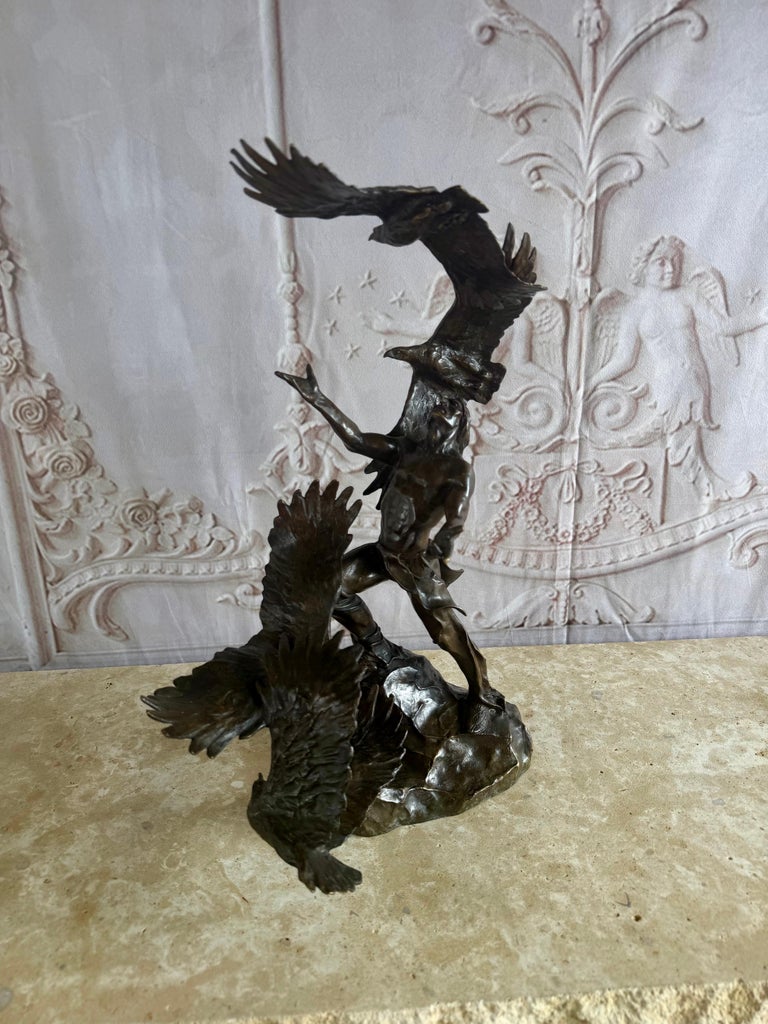 Monumental Bronze Sculpture of Native Warrior and Eagles, Dynamic Art