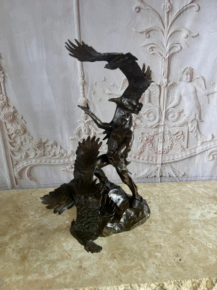 Monumental Bronze Sculpture of Native Warrior and Eagles, Dynamic Art