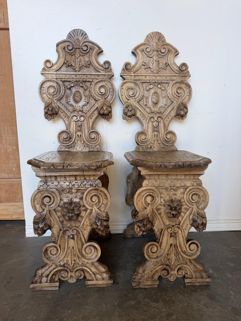 Pair of 19th C. Italian Renaissance Sgabello Hall Chairs - Heavily Carved Walnut