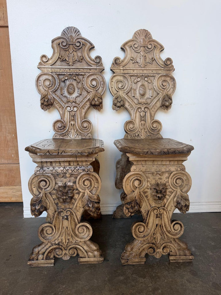 Pair of 19th C. Italian Renaissance Sgabello Hall Chairs - Heavily Carved Walnut