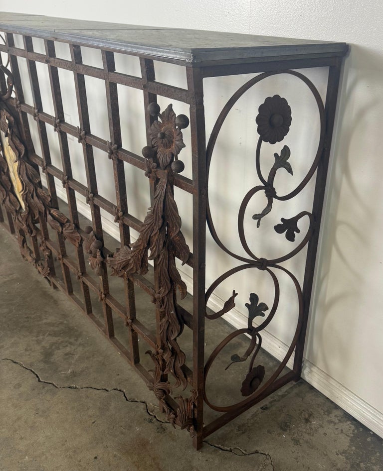 Monumental Hand-Wrought Iron Console with Stone Medallion and Classical Garlands