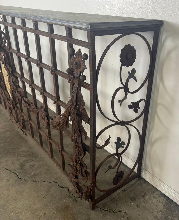 Monumental Hand-Wrought Iron Console with Stone Medallion and Classical Garlands