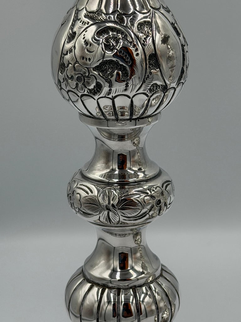 Pair of Antique Sterling Silver Baroque Revival Candlesticks with Repoussé